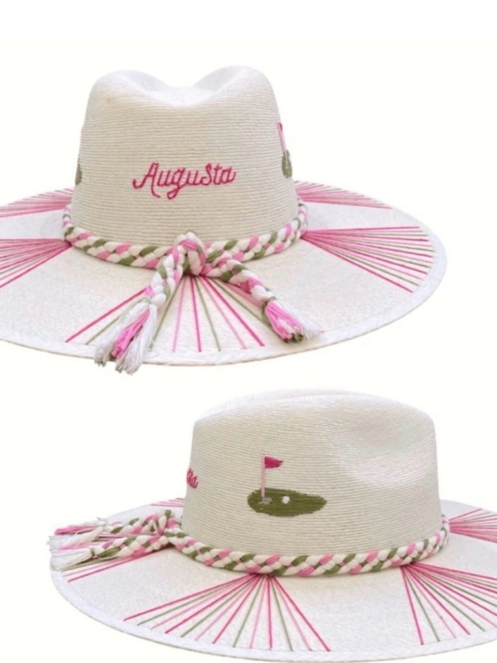 Augusta Embroidered Straw Sun Hat - Cream with Pink & Green